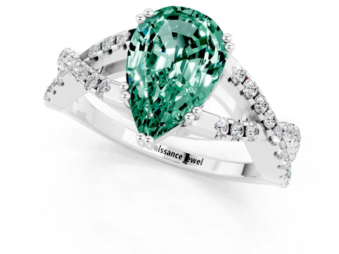 White gold Pear Cut Green Sapphire Solitaire Ring with Four-Prong Setting and Twisted Pavé Band_1