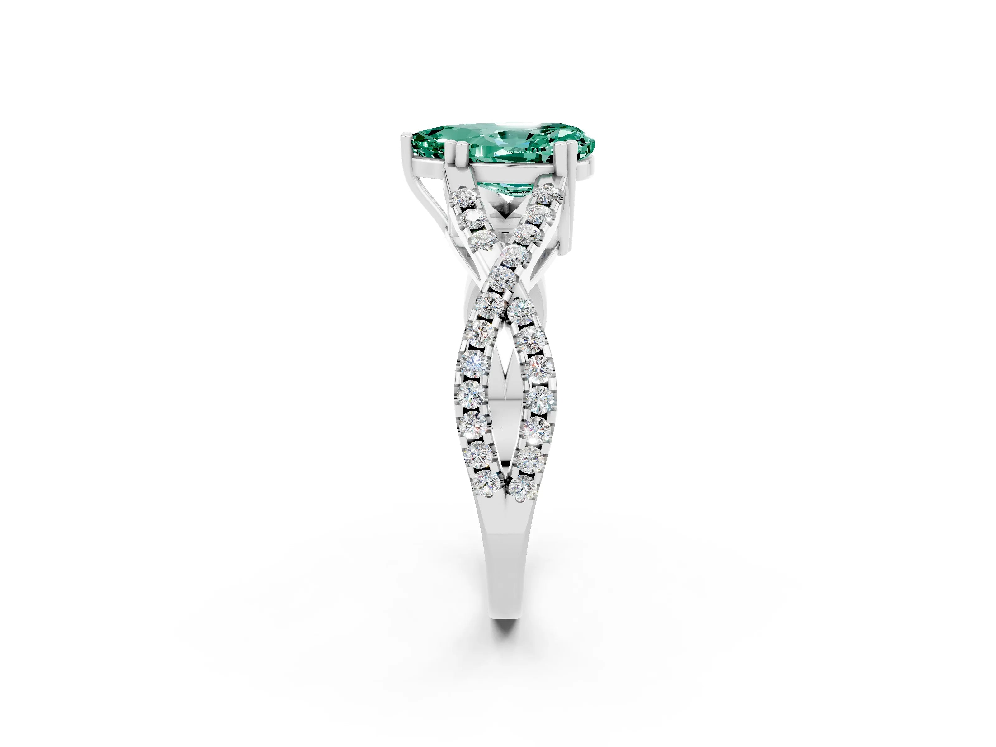 White gold Pear Cut Green Sapphire Solitaire Ring with Four-Prong Setting and Twisted Pavé Band_2