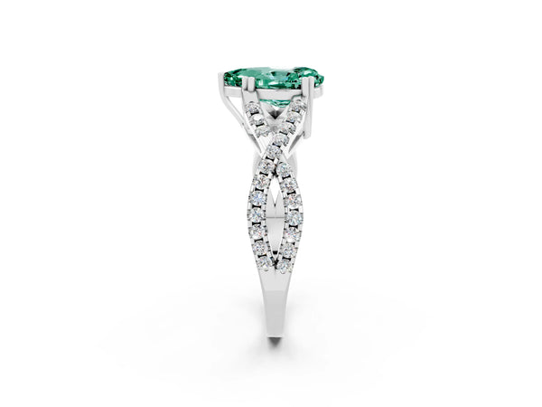 White gold Pear Cut Green Sapphire Solitaire Ring with Four-Prong Setting and Twisted Pavé Band