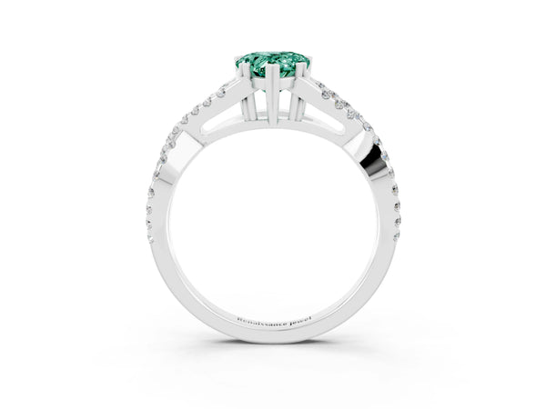 Platinum Pear Cut Green Sapphire Solitaire Ring with Four-Prong Setting and Twisted Pavé Band