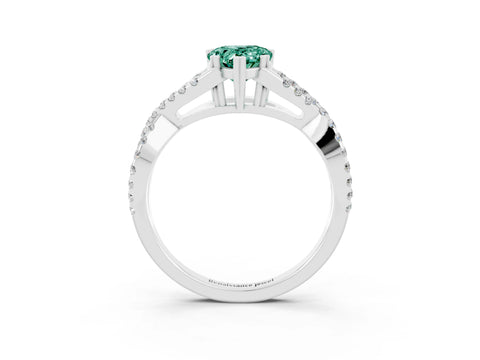 White gold Pear Cut Green Sapphire Solitaire Ring with Four-Prong Setting and Twisted Pavé Band_3