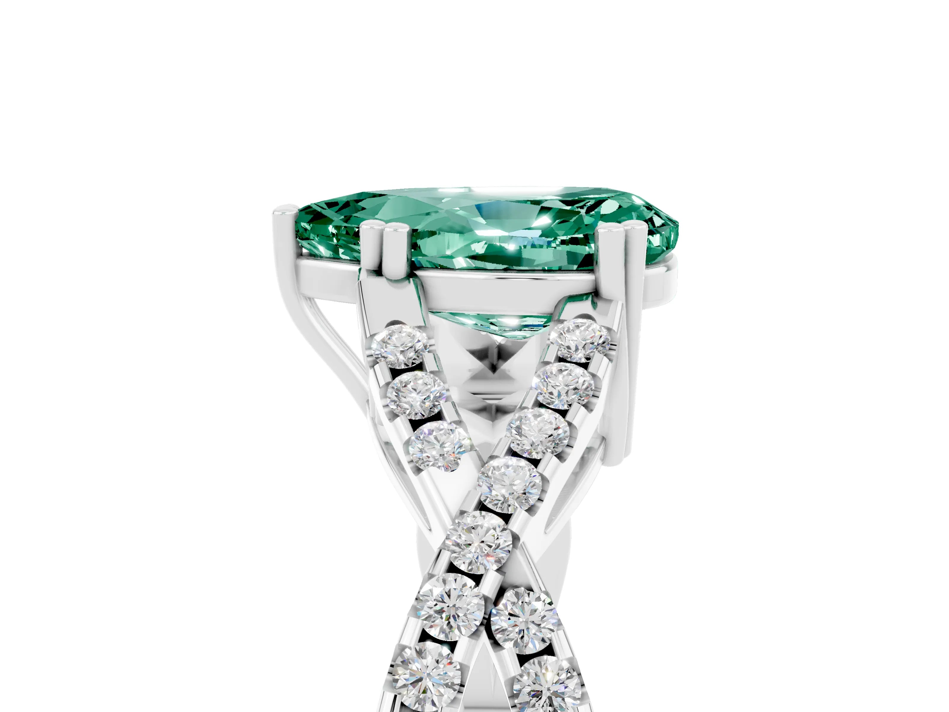 White gold Pear Cut Green Sapphire Solitaire Ring with Four-Prong Setting and Twisted Pavé Band_5