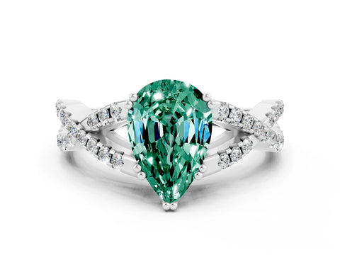 White gold Pear Cut Green Sapphire Solitaire Ring with Four-Prong Setting and Twisted Pavé Band