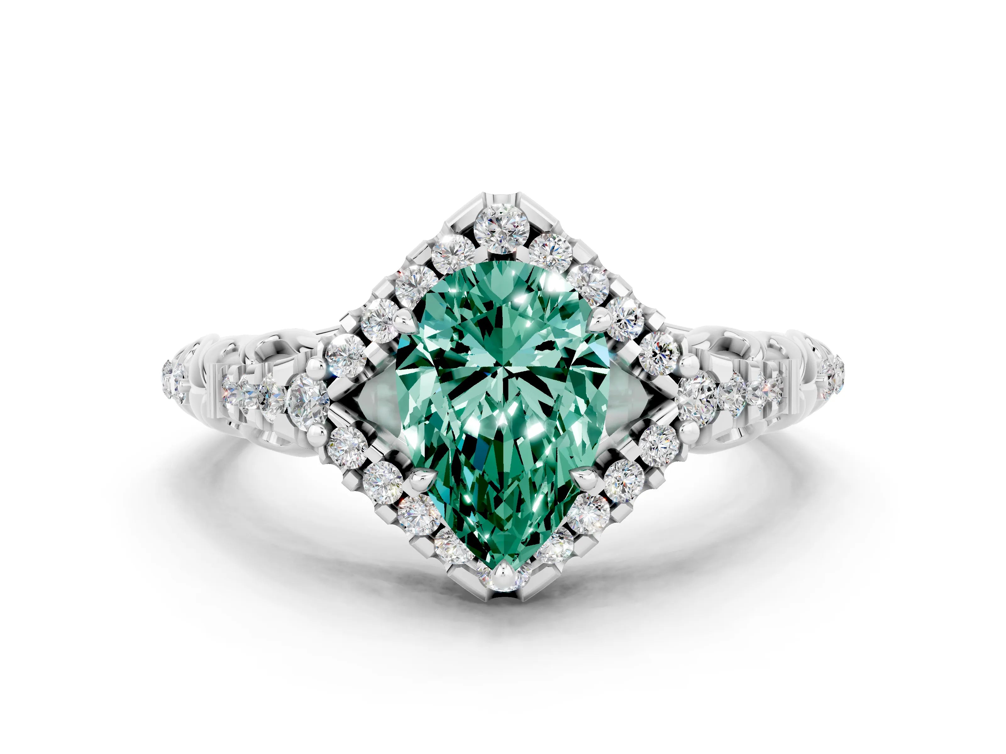 White gold Pear Cut Green Sapphire Solitaire Ring with Hidden Halo and Pavé Band_30
