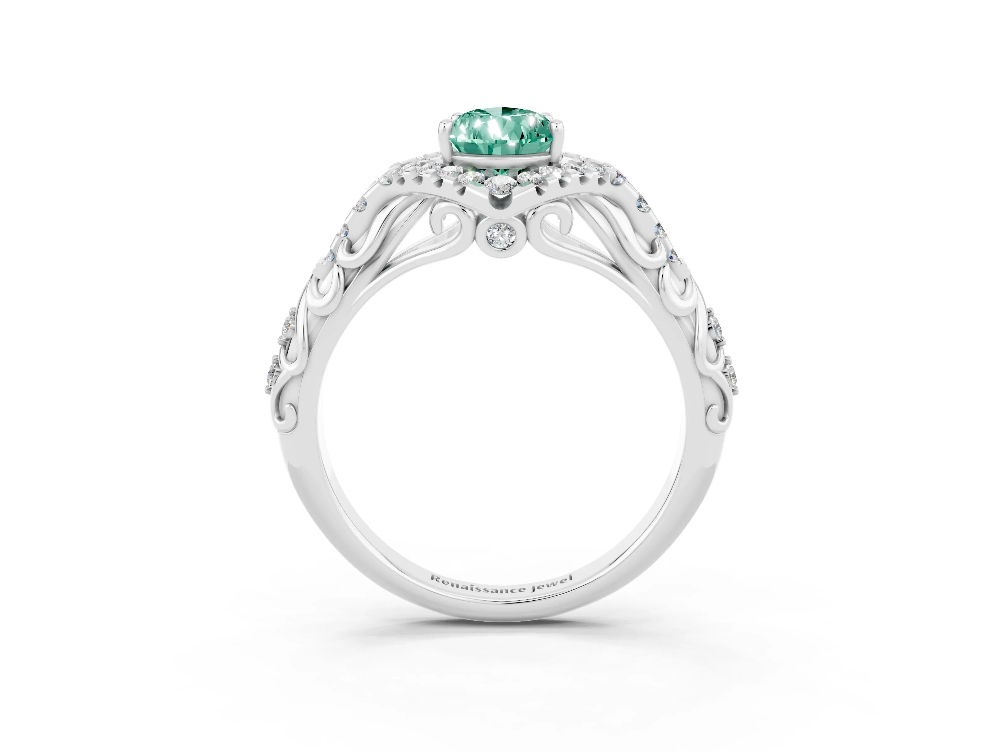 White gold Pear Cut Green Sapphire Solitaire Ring with Hidden Halo and Pavé Band_33