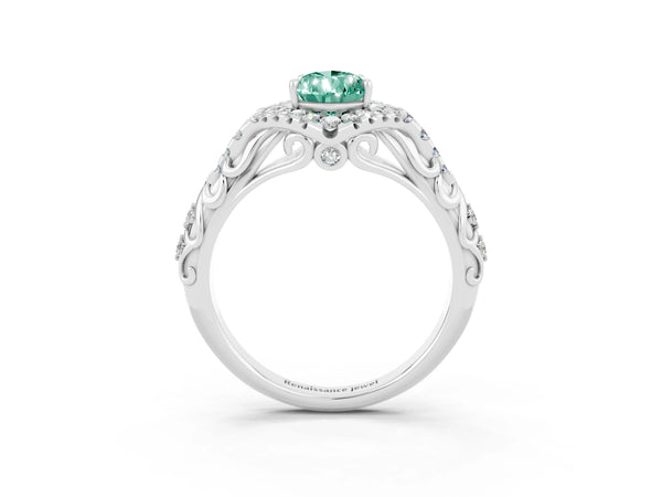 White gold Pear Cut Green Sapphire Solitaire Ring with Hidden Halo and Pavé Band