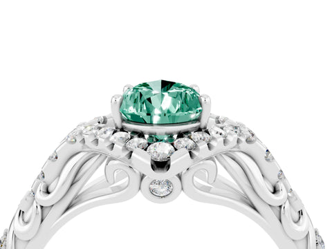 White gold Pear Cut Green Sapphire Solitaire Ring with Hidden Halo and Pavé Band_34
