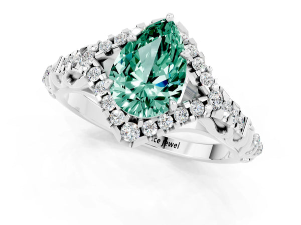 Platinum Pear Cut Green Sapphire Solitaire Ring with Hidden Halo and Pavé Band