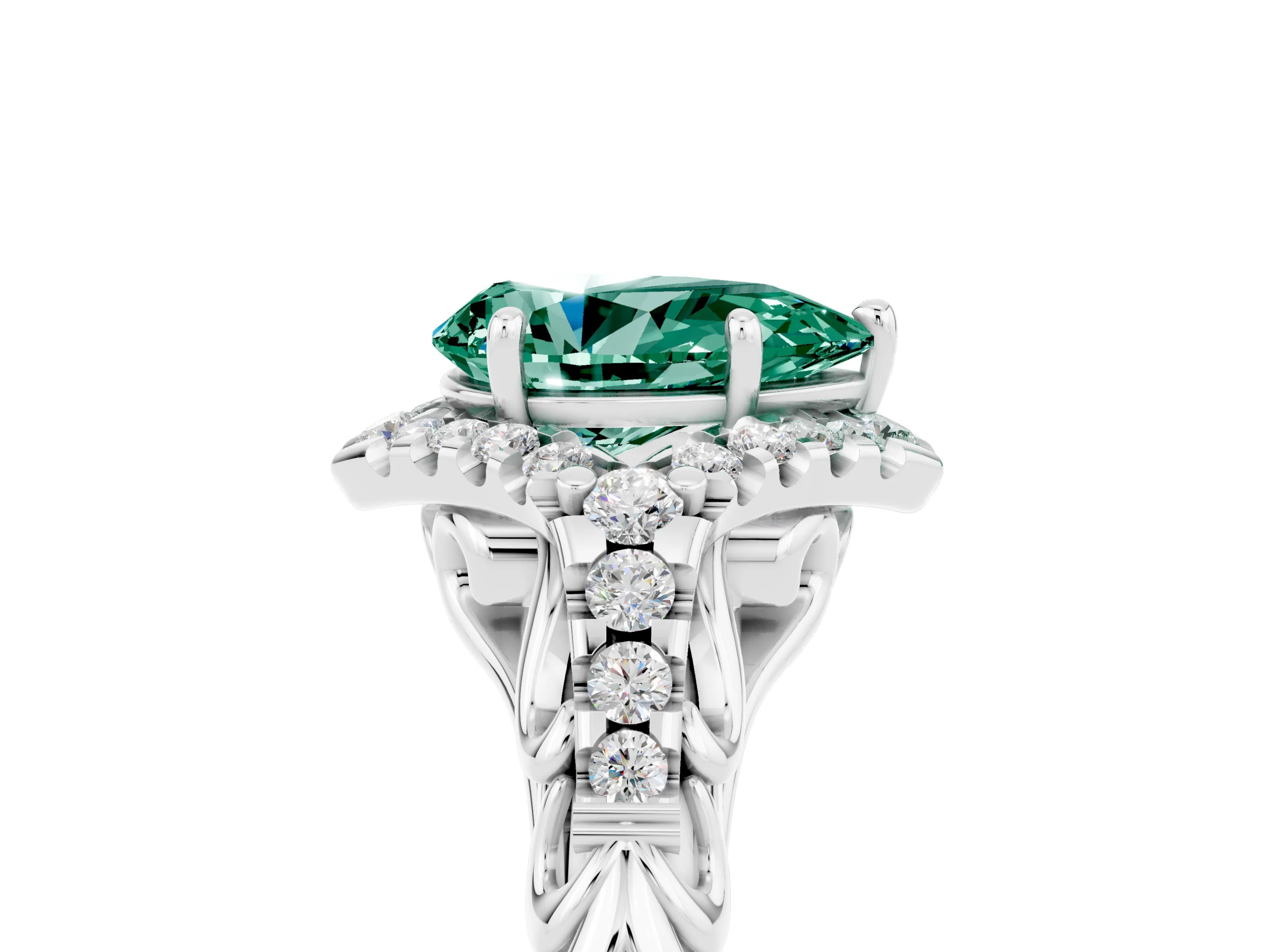 White gold Pear Cut Green Sapphire Solitaire Ring with Hidden Halo and Pavé Band_41