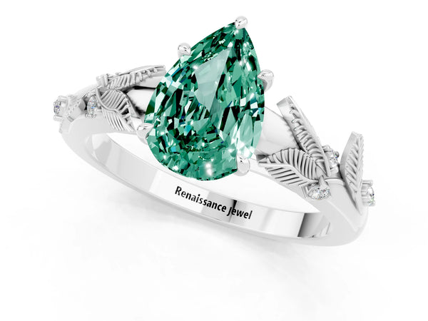 White gold Pear Cut Green Sapphire Solitaire Ring with Leaf Motif Band and Four-Prong Setting