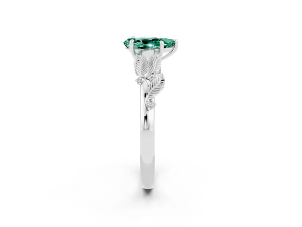 White gold Pear Cut Green Sapphire Solitaire Ring with Leaf Motif Band and Four-Prong Setting