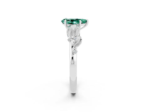 White gold Pear Cut Green Sapphire Solitaire Ring with Leaf Motif Band and Four-Prong Setting_14