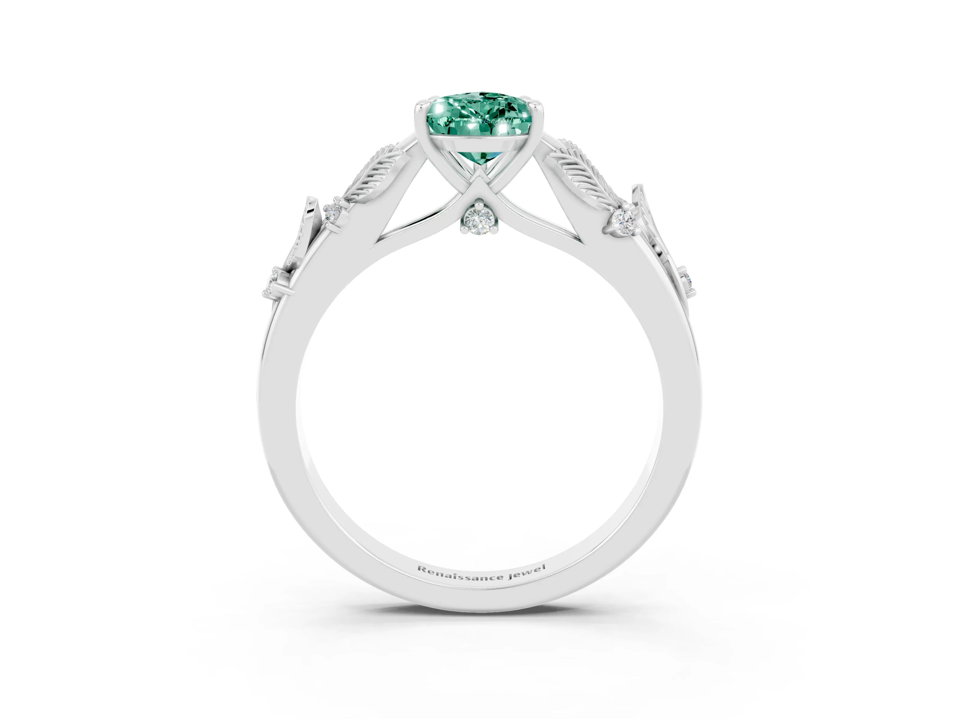White gold Pear Cut Green Sapphire Solitaire Ring with Leaf Motif Band and Four-Prong Setting_15