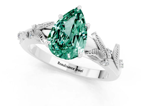 White gold Pear Cut Green Sapphire Solitaire Ring with Leaf Motif Band and Four-Prong Setting_1