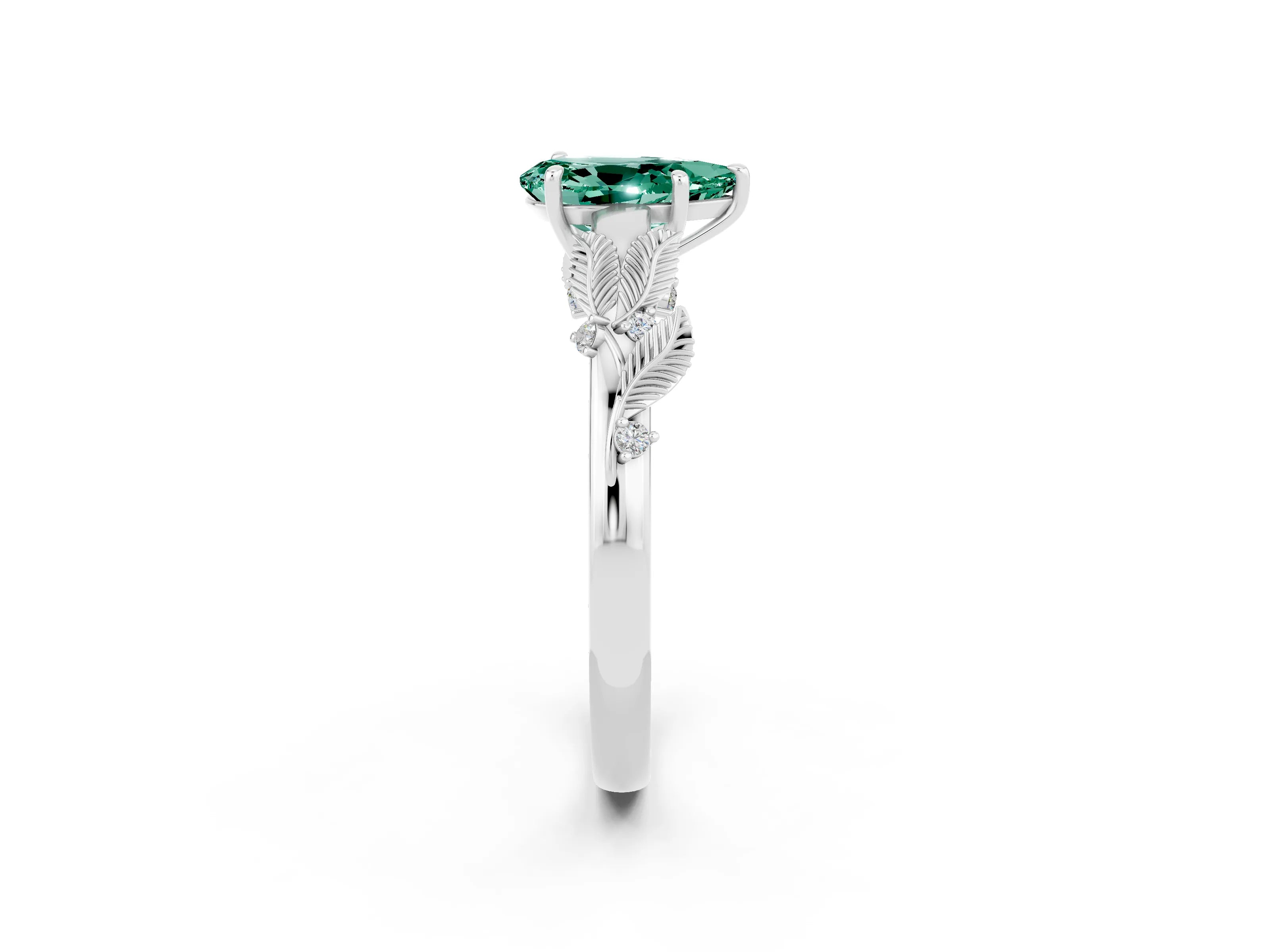 White gold Pear Cut Green Sapphire Solitaire Ring with Leaf Motif Band and Four-Prong Setting_2
