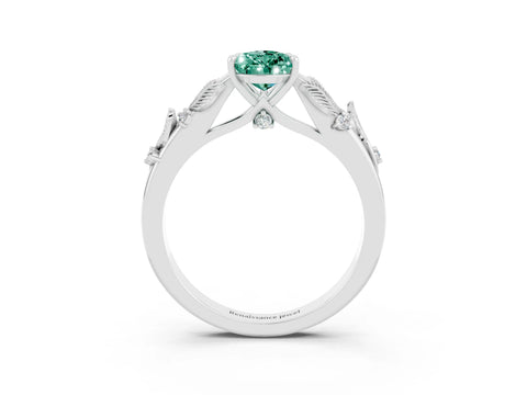 White gold Pear Cut Green Sapphire Solitaire Ring with Leaf Motif Band and Four-Prong Setting_3