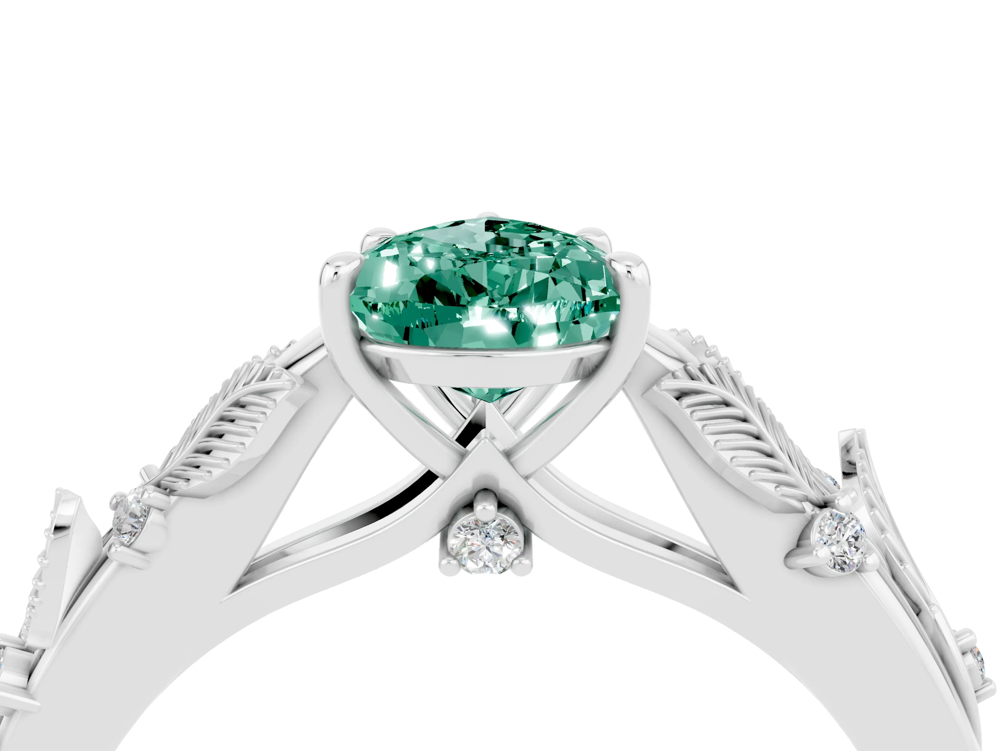 White gold Pear Cut Green Sapphire Solitaire Ring with Leaf Motif Band and Four-Prong Setting_4