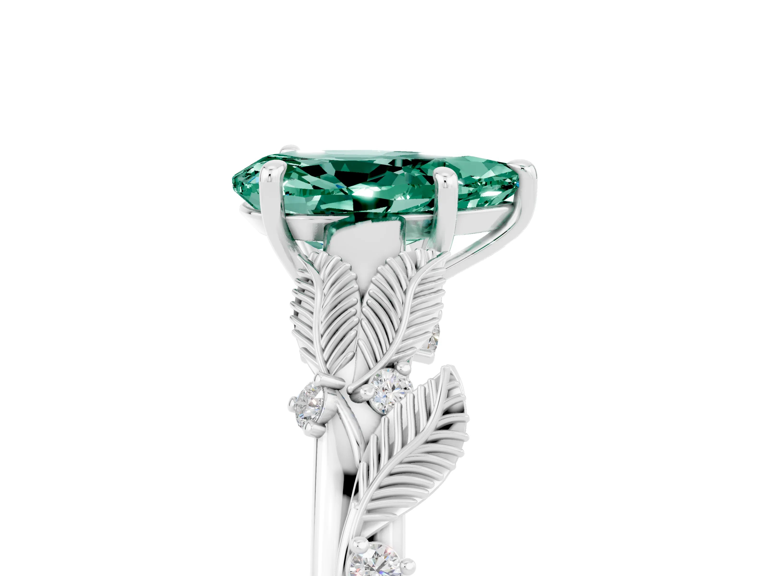 White gold Pear Cut Green Sapphire Solitaire Ring with Leaf Motif Band and Four-Prong Setting_5