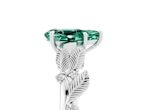 White gold Pear Cut Green Sapphire Solitaire Ring with Leaf Motif Band and Four-Prong Setting_5