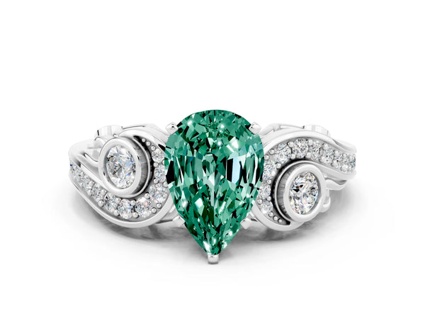 Platinum Pear Cut Green Sapphire Solitaire Ring with Milgrain Pavé Band and Four-Prong Setting