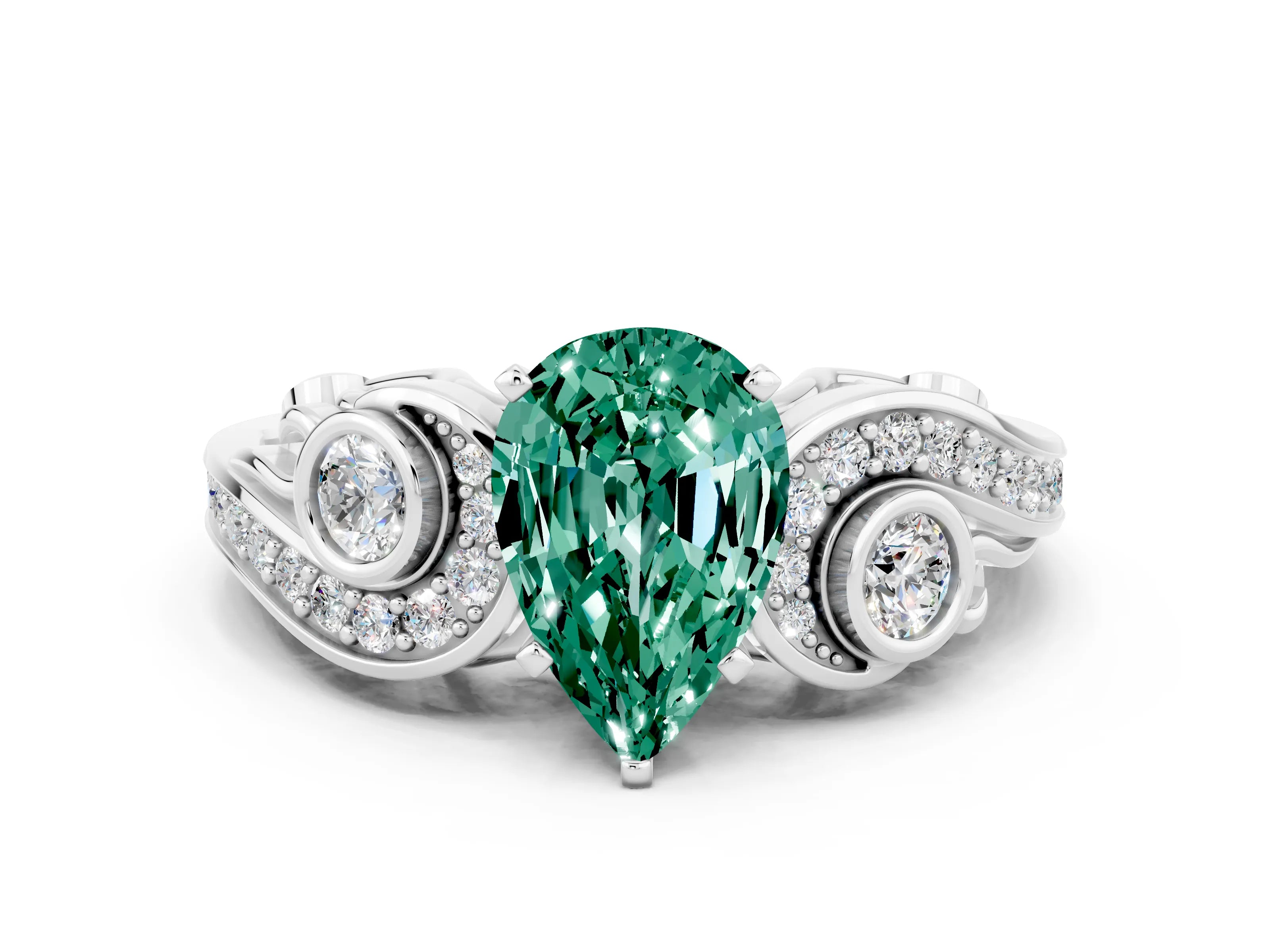White gold Pear Cut Green Sapphire Solitaire Ring with Milgrain Pavé Band and Four-Prong Setting_12