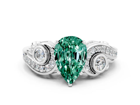 White gold Pear Cut Green Sapphire Solitaire Ring with Milgrain Pavé Band and Four-Prong Setting_12