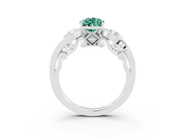 Platinum Pear Cut Green Sapphire Solitaire Ring with Milgrain Pavé Band and Four-Prong Setting