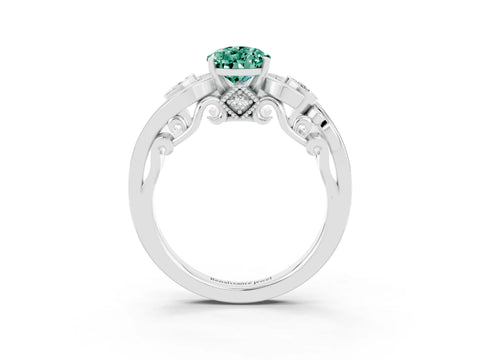 White gold Pear Cut Green Sapphire Solitaire Ring with Milgrain Pavé Band and Four-Prong Setting_15