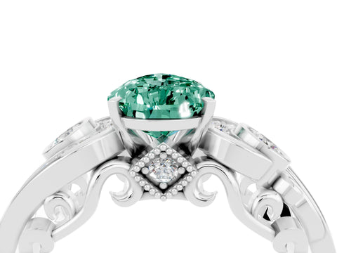 White gold Pear Cut Green Sapphire Solitaire Ring with Milgrain Pavé Band and Four-Prong Setting_16