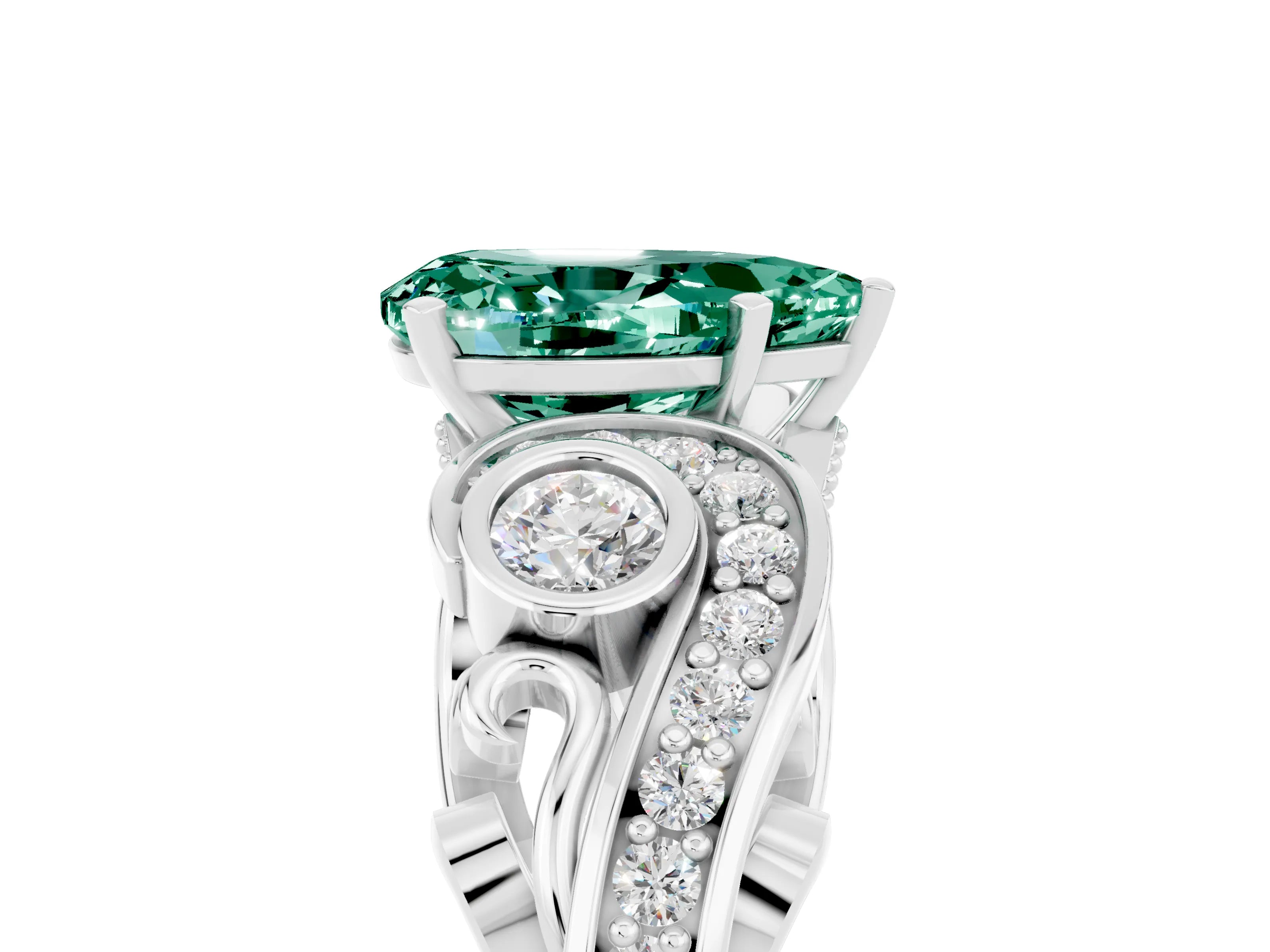 White gold Pear Cut Green Sapphire Solitaire Ring with Milgrain Pavé Band and Four-Prong Setting_17
