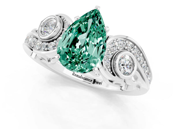 White gold Pear Cut Green Sapphire Solitaire Ring with Milgrain Pavé Band and Four-Prong Setting