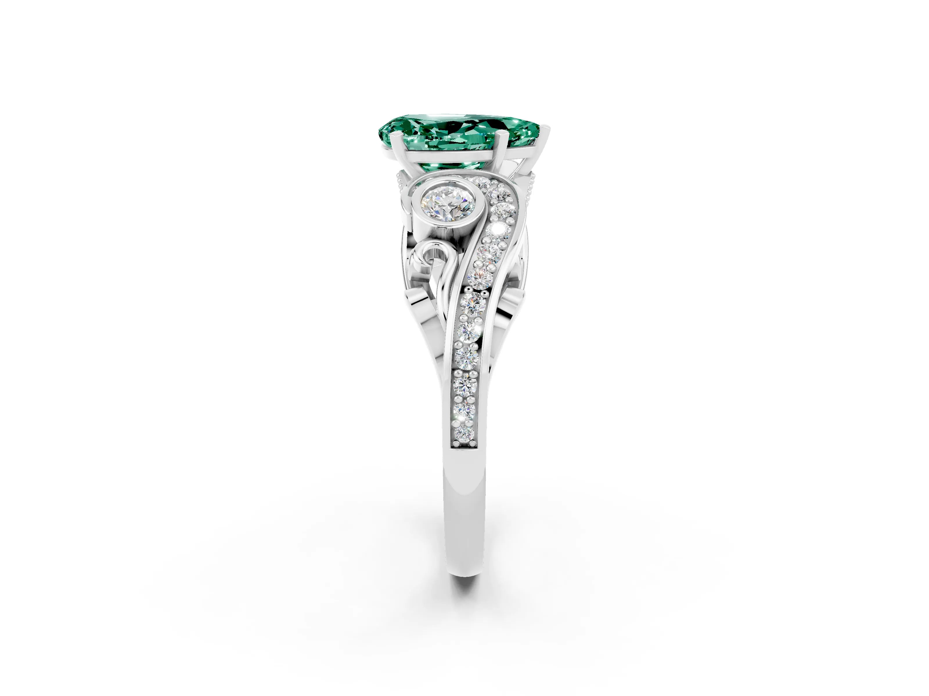 White gold Pear Cut Green Sapphire Solitaire Ring with Milgrain Pavé Band and Four-Prong Setting_50
