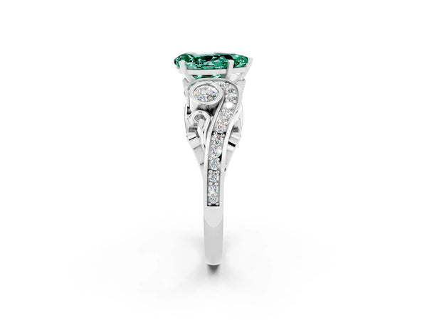 White gold Pear Cut Green Sapphire Solitaire Ring with Milgrain Pavé Band and Four-Prong Setting