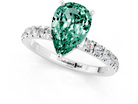 White gold Pear Cut Green Sapphire Solitaire Ring with Pavé Accents and Four-Prong Setting_1