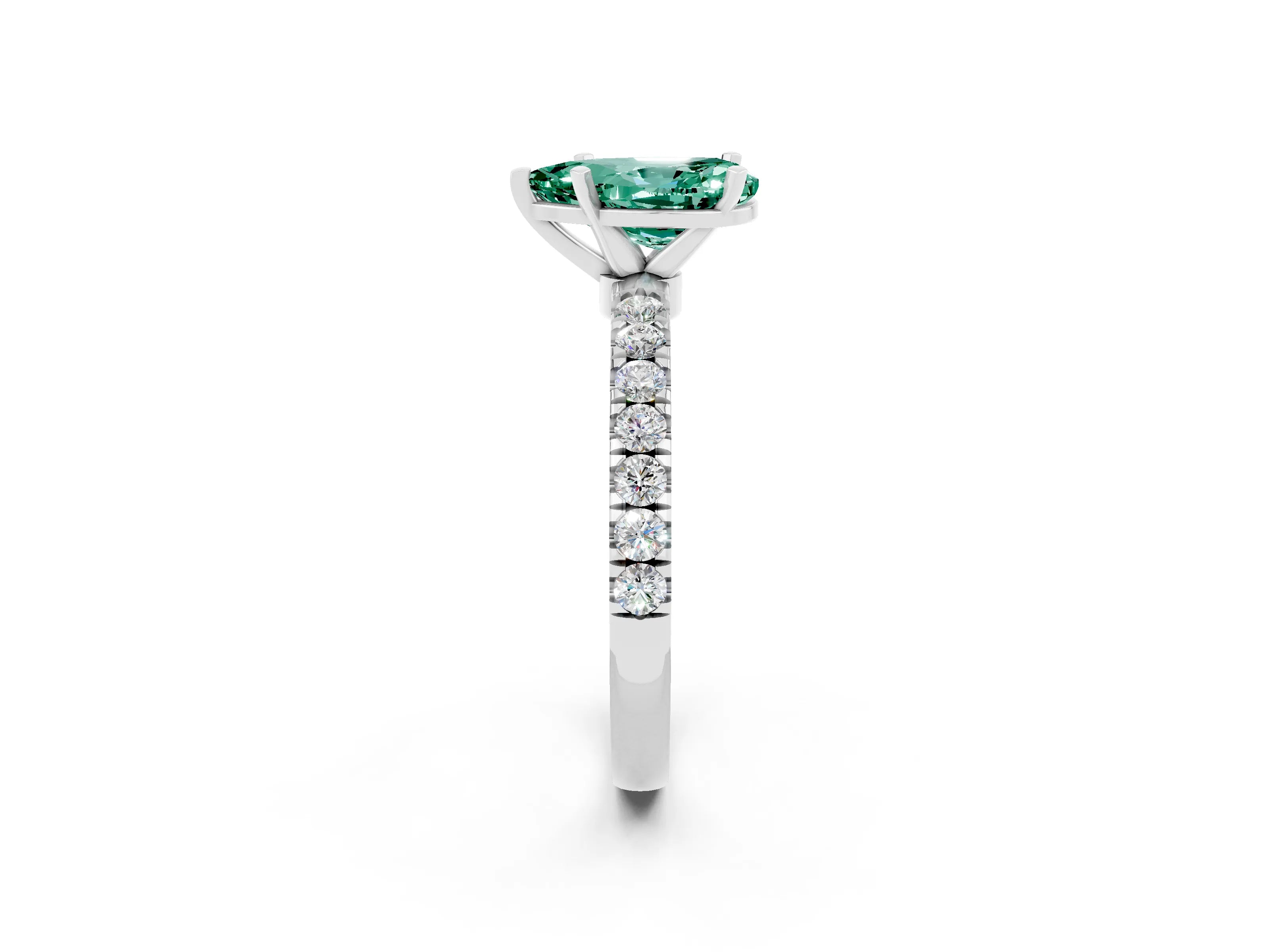 White gold Pear Cut Green Sapphire Solitaire Ring with Pavé Accents and Four-Prong Setting_2
