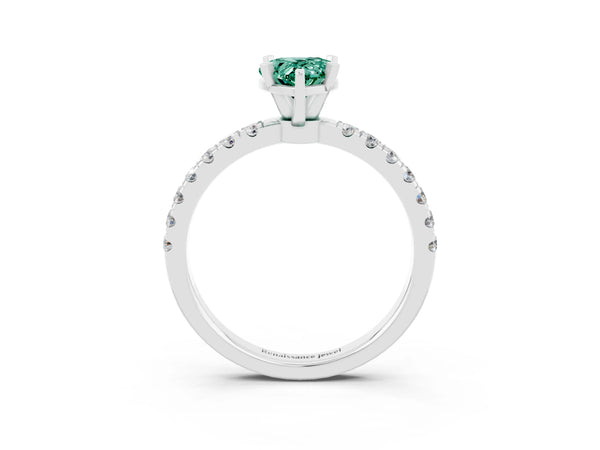 Platinum Pear Cut Green Sapphire Solitaire Ring with Pavé Accents and Four-Prong Setting