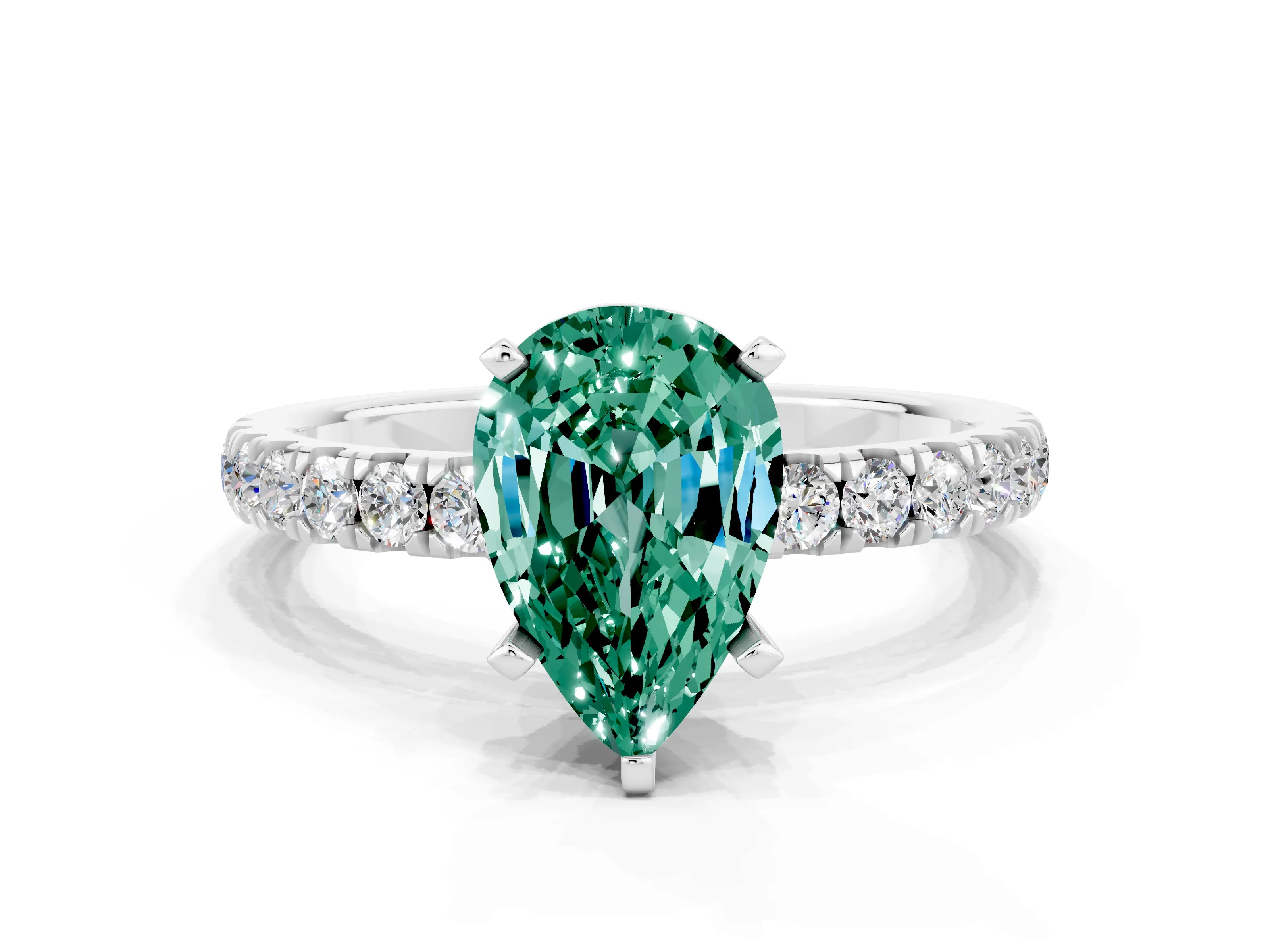 White gold Pear Cut Green Sapphire Solitaire Ring with Pavé Accents and Four-Prong Setting