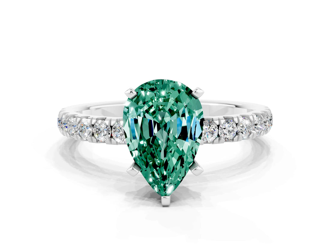 White gold Pear Cut Green Sapphire Solitaire Ring with Pavé Accents and Four-Prong Setting