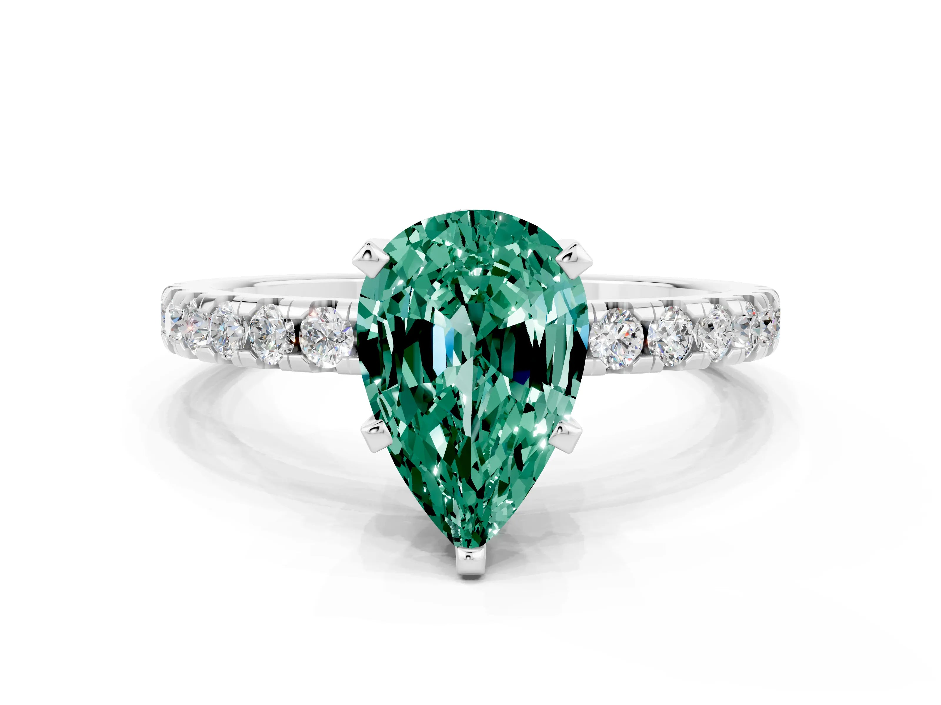 White gold Pear Cut Green Sapphire Solitaire Ring with Pavé Band and Four-Prong Setting_12