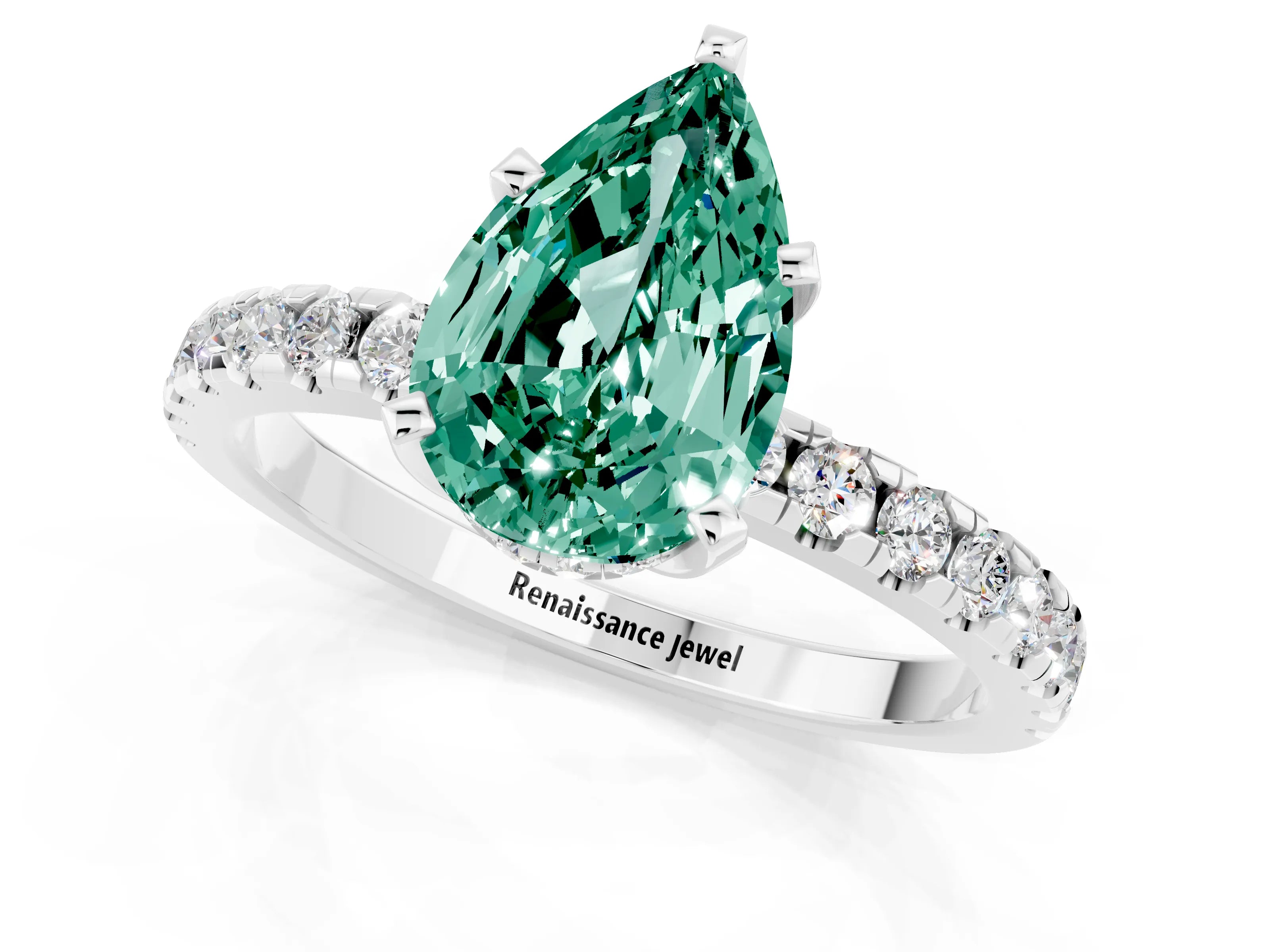 White gold Pear Cut Green Sapphire Solitaire Ring with Pavé Band and Four-Prong Setting_13