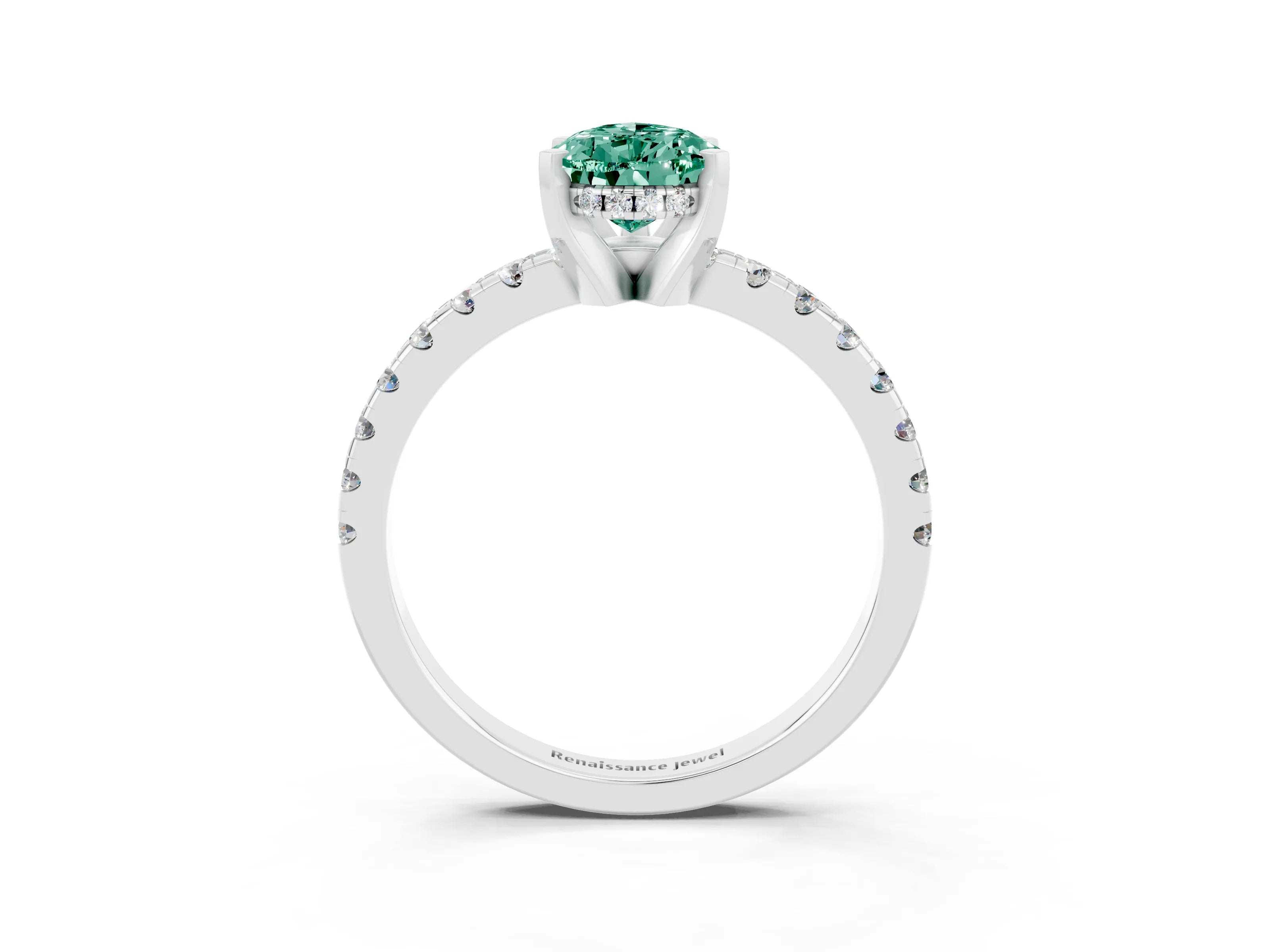 White gold Pear Cut Green Sapphire Solitaire Ring with Pavé Band and Four-Prong Setting_15
