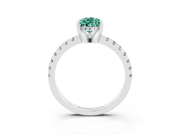 Silver Pear Cut Green Sapphire Solitaire Ring with Round  Pavé Band and Four-Prong Setting