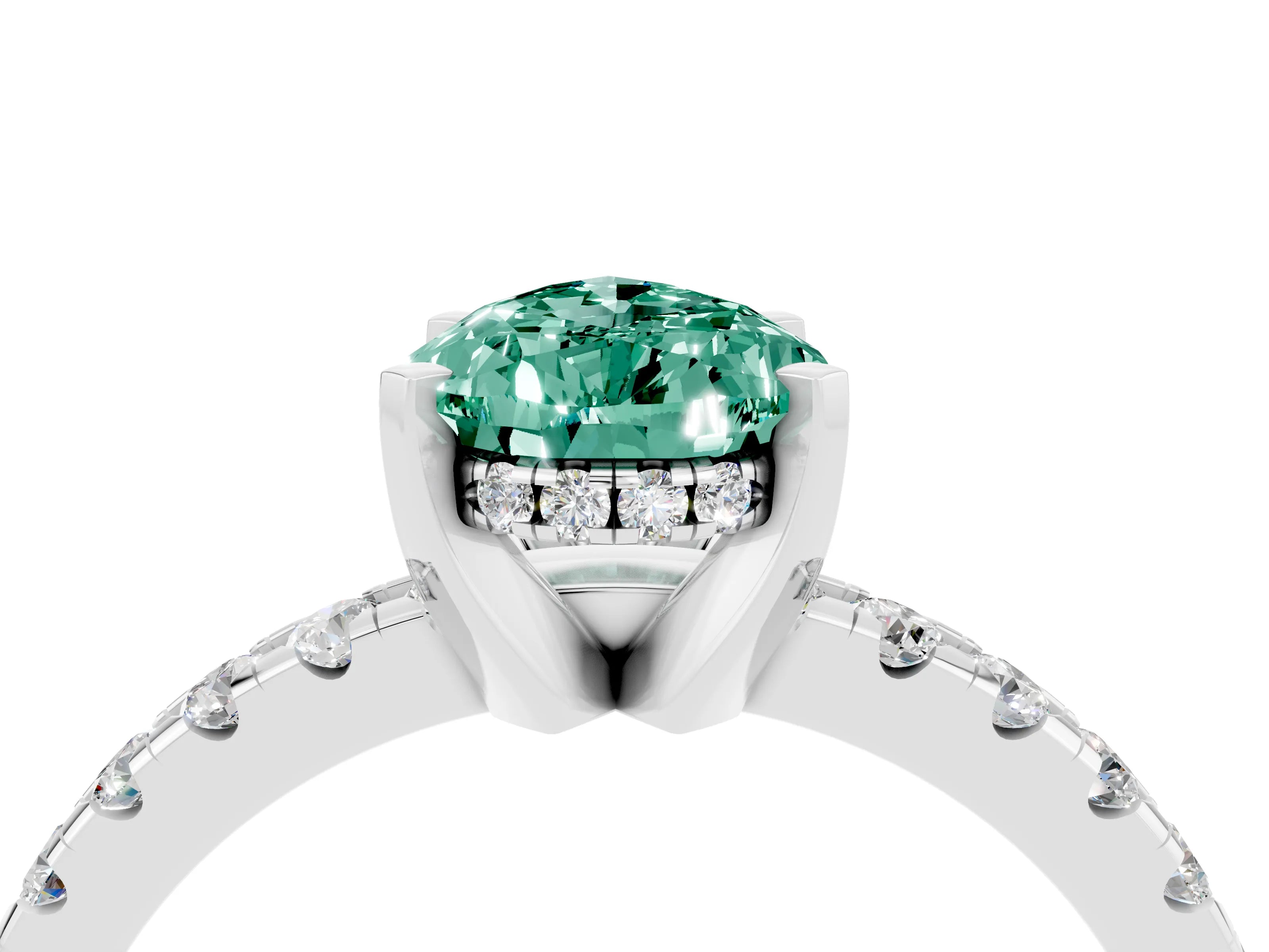 White gold Pear Cut Green Sapphire Solitaire Ring with Pavé Band and Four-Prong Setting_16
