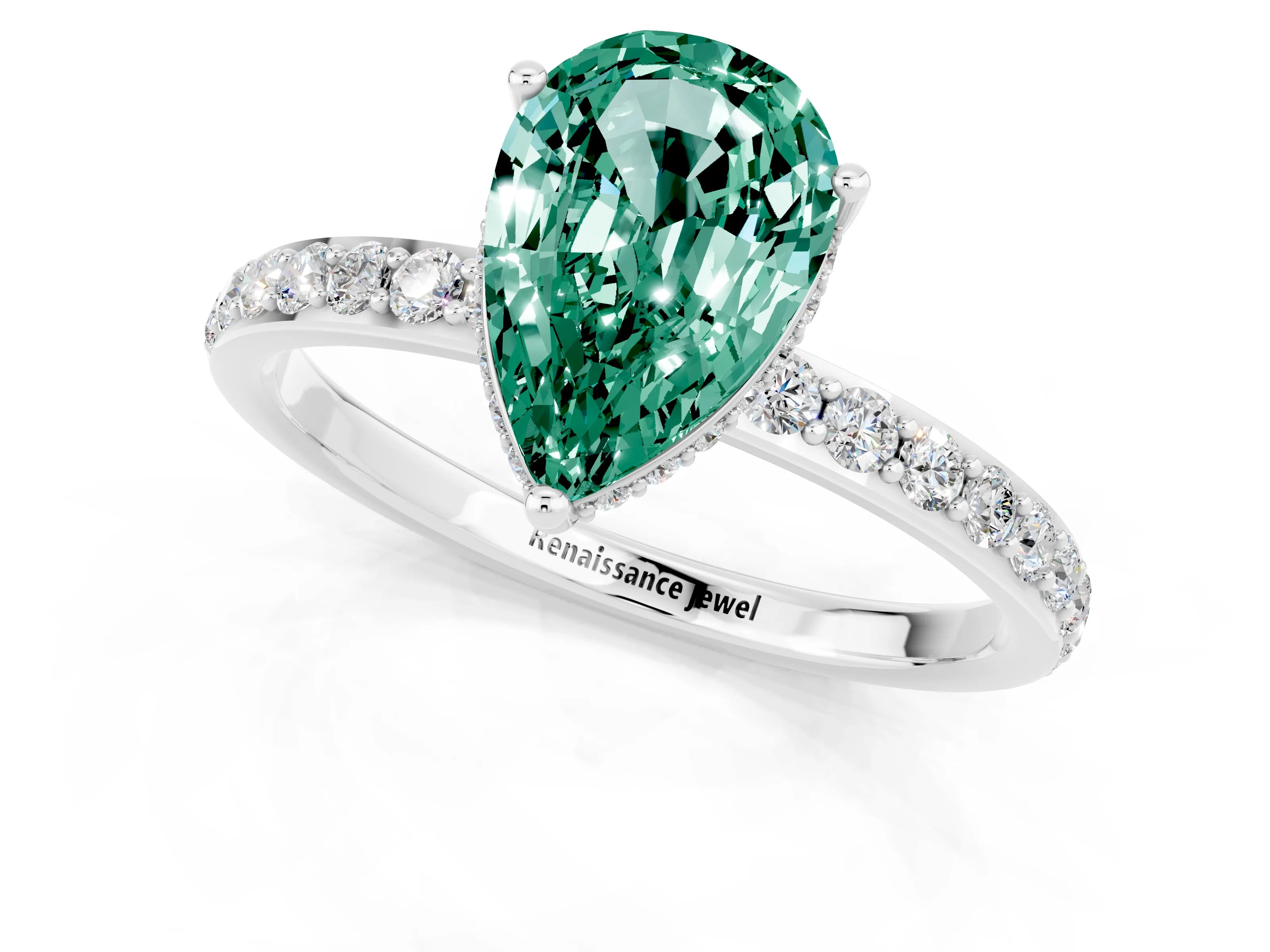 White gold Pear Cut Green Sapphire Solitaire Ring with Pavé Band and Hidden Halo_1