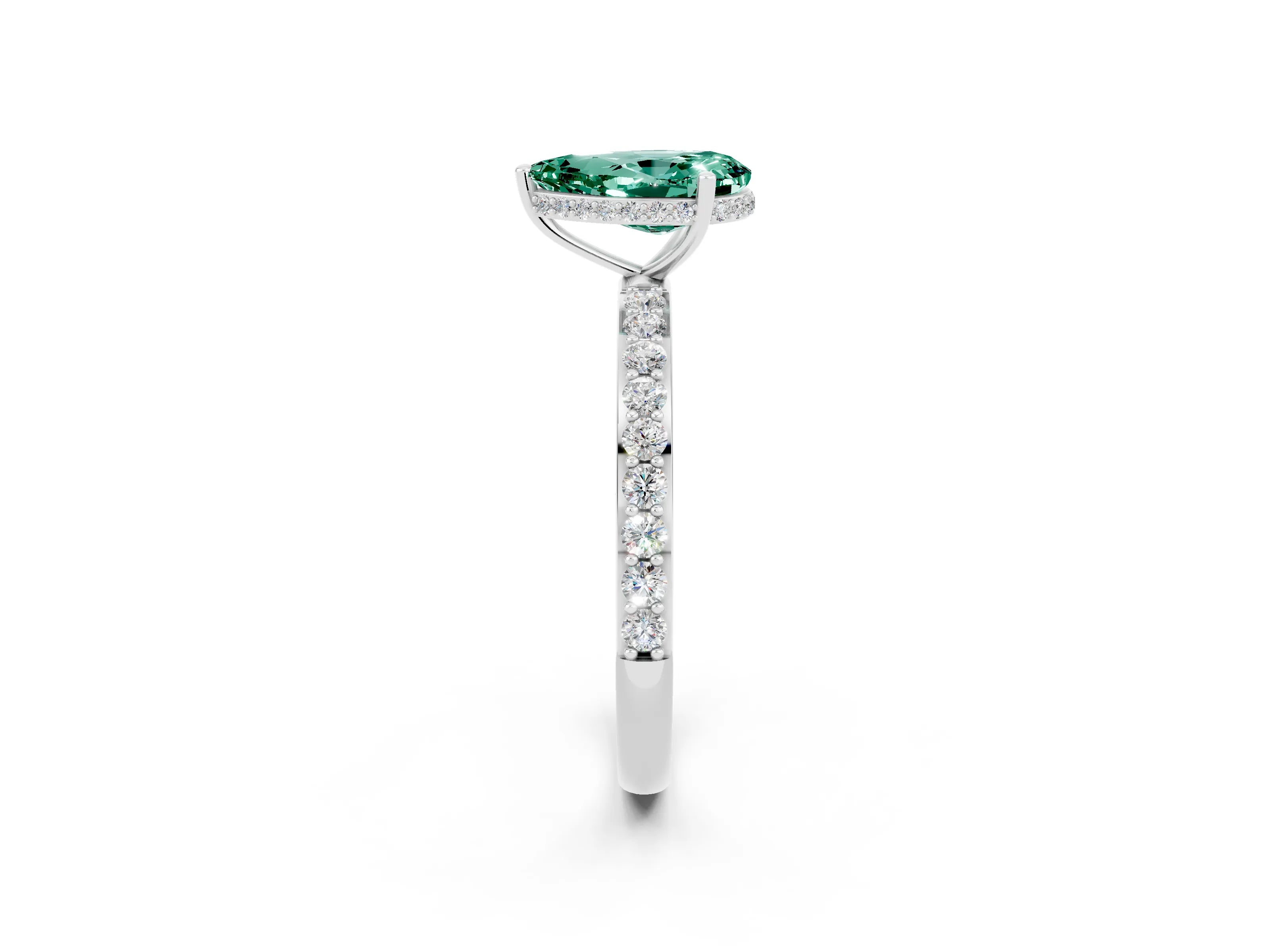 White gold Pear Cut Green Sapphire Solitaire Ring with Pavé Band and Hidden Halo_2