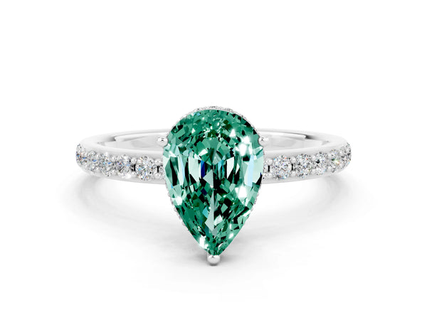 White gold Pear Cut Green Sapphire Solitaire Ring with Pavé Band and Hidden Halo