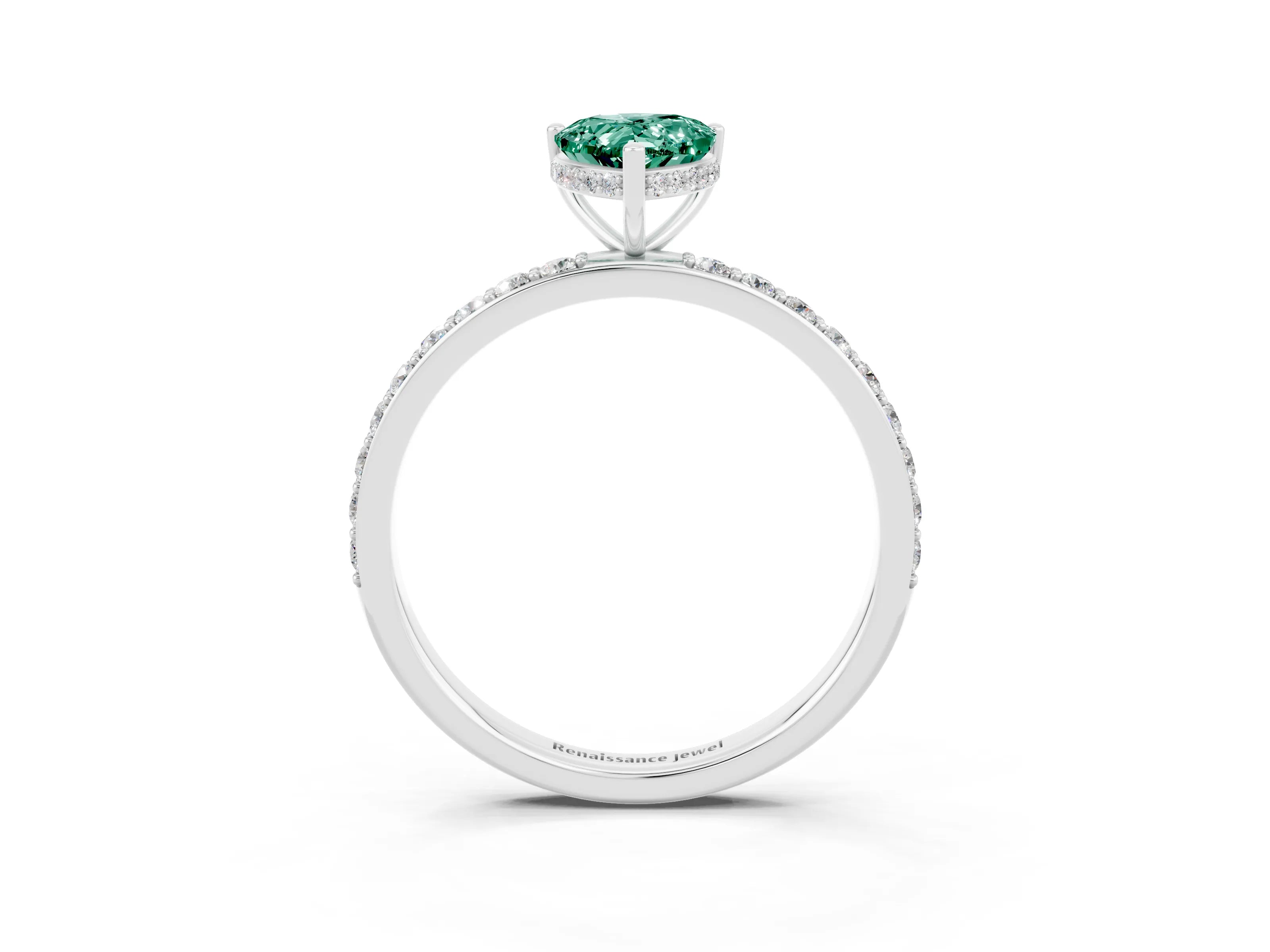 White gold Pear Cut Green Sapphire Solitaire Ring with Pavé Band and Hidden Halo_27
