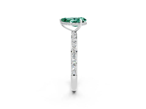White gold Pear Cut Green Sapphire Solitaire Ring with Pavé Band and Hidden Halo_2