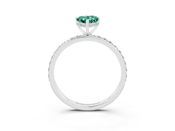 Platinum Pear Cut Green Sapphire Solitaire Ring with Pavé Band and Hidden Halo