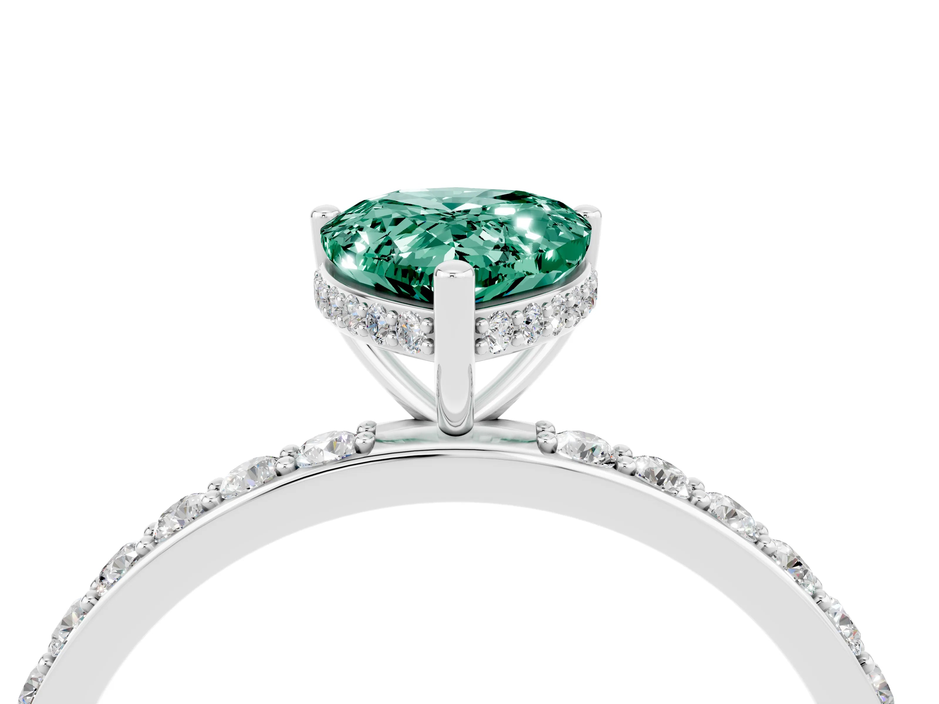 White gold Pear Cut Green Sapphire Solitaire Ring with Pavé Band and Hidden Halo_4